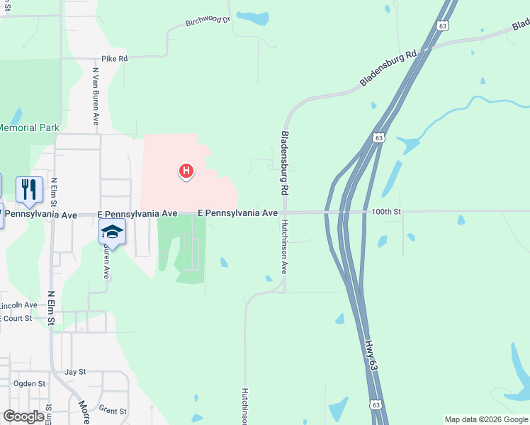 map of restaurants, bars, coffee shops, grocery stores, and more near 3 Pennsylvania Place in Ottumwa