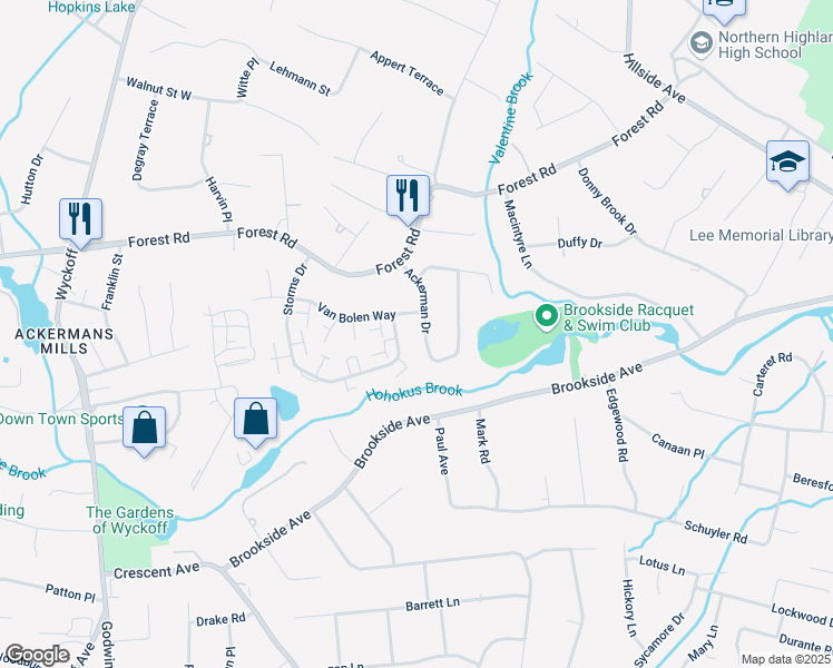 map of restaurants, bars, coffee shops, grocery stores, and more near 139 Van Bolen Way in Mahwah