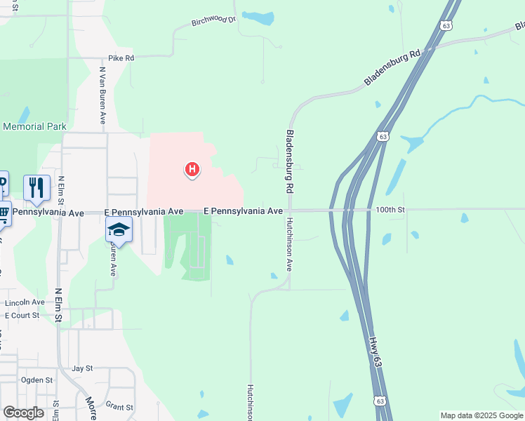 map of restaurants, bars, coffee shops, grocery stores, and more near 3 Pennsylvania Place in Ottumwa