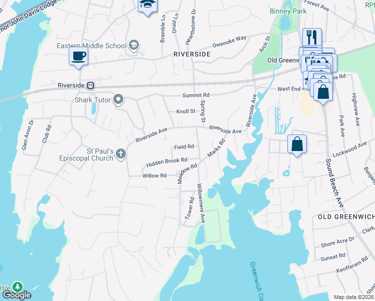 map of restaurants, bars, coffee shops, grocery stores, and more near 18 Field Road in Greenwich