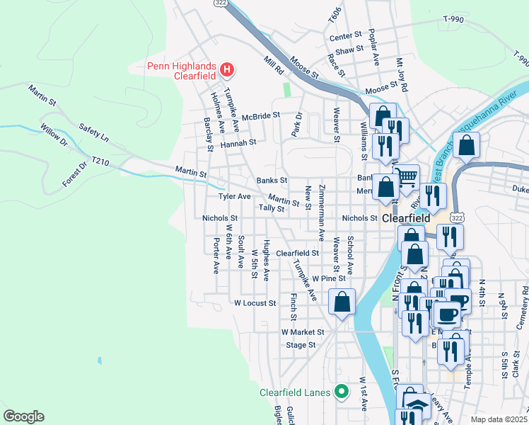 map of restaurants, bars, coffee shops, grocery stores, and more near 535 Nichols Street in Clearfield