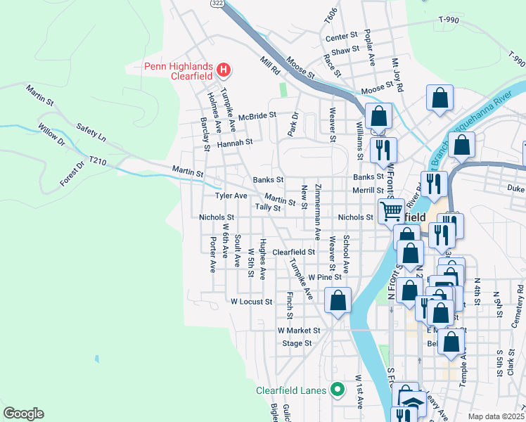 map of restaurants, bars, coffee shops, grocery stores, and more near 535 Nichols Street in Clearfield