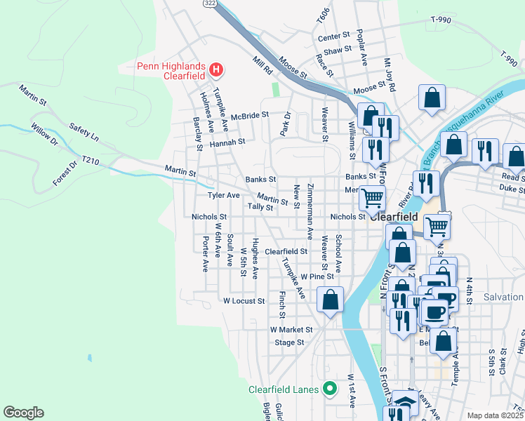 map of restaurants, bars, coffee shops, grocery stores, and more near 407 Turnpike Avenue in Clearfield