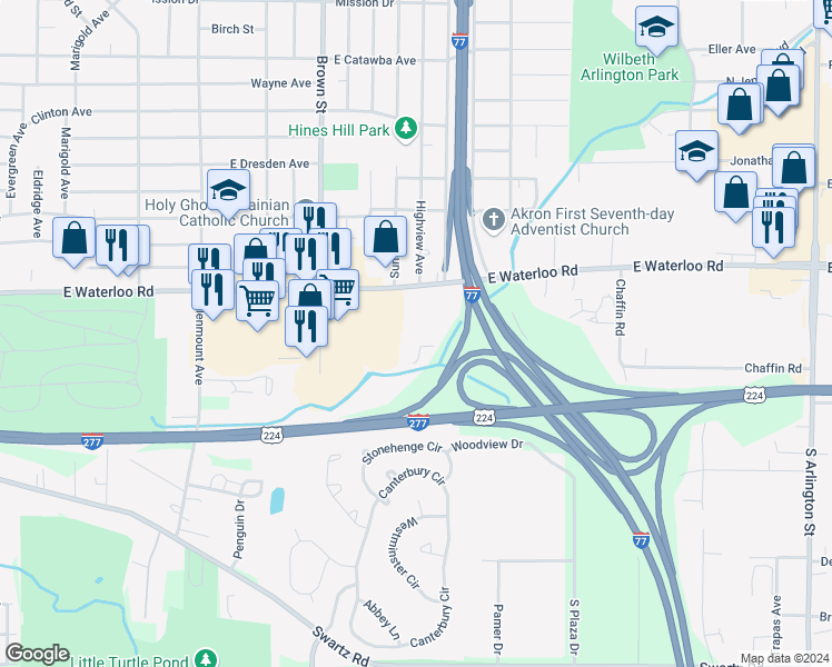 map of restaurants, bars, coffee shops, grocery stores, and more near 570 East Waterloo Road in Akron