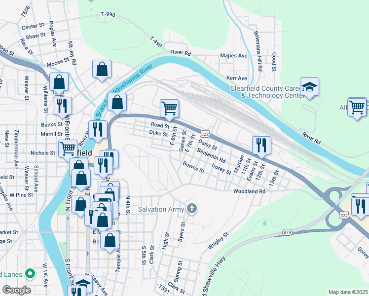 map of restaurants, bars, coffee shops, grocery stores, and more near 701 Daisy Street in Clearfield