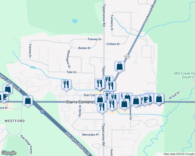 map of restaurants, bars, coffee shops, grocery stores, and more near 6345 Catawba Drive in Canfield