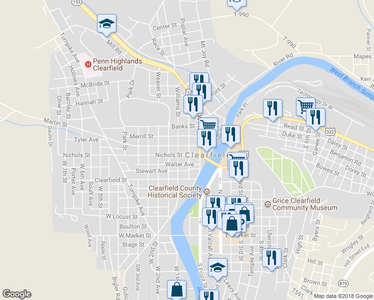 map of restaurants, bars, coffee shops, grocery stores, and more near 115 Nichols Street in Clearfield