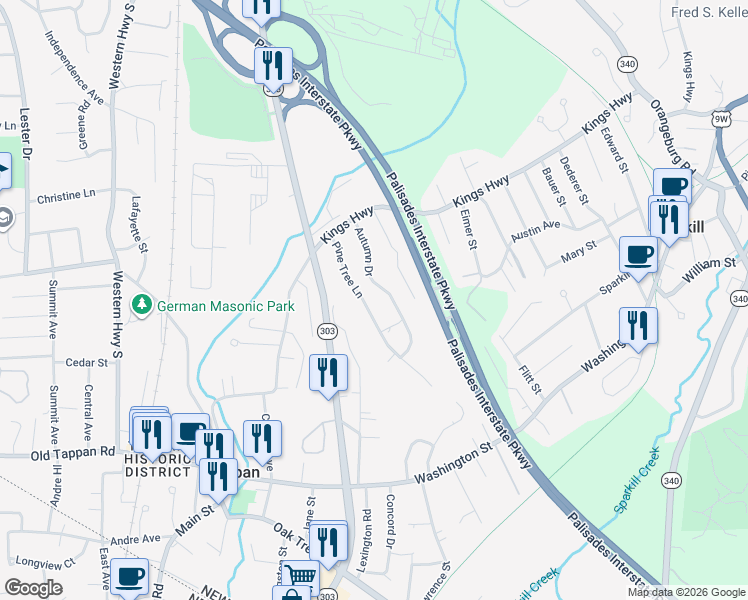 map of restaurants, bars, coffee shops, grocery stores, and more near 66 Autumn Drive in Tappan