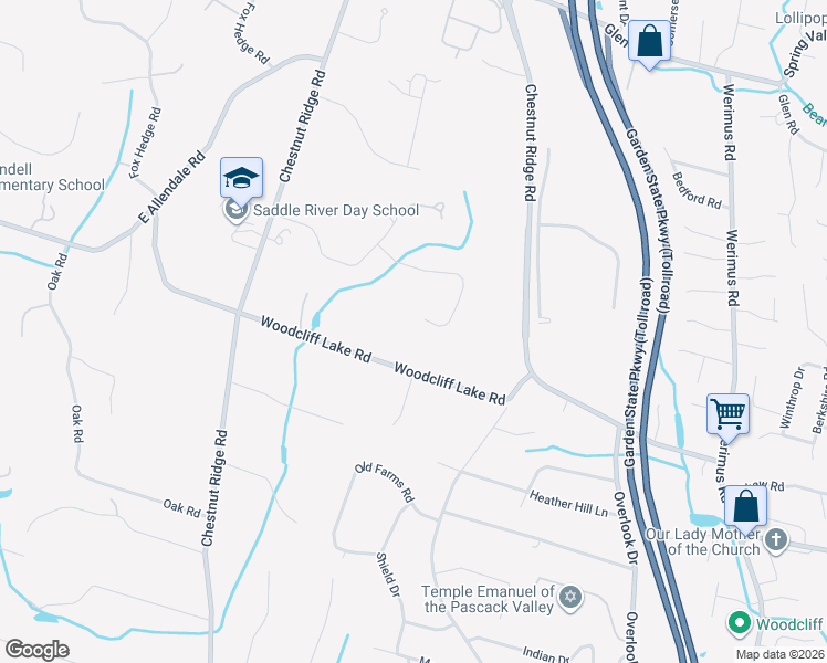map of restaurants, bars, coffee shops, grocery stores, and more near 23 Denison Drive East in Saddle River