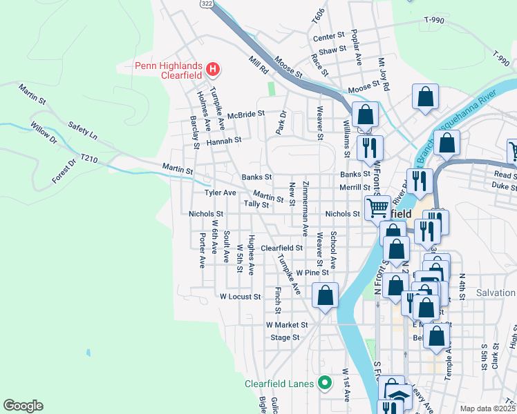 map of restaurants, bars, coffee shops, grocery stores, and more near 407 Turnpike Avenue in Clearfield