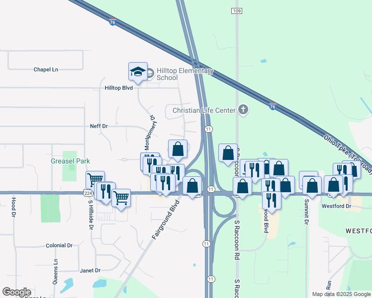 map of restaurants, bars, coffee shops, grocery stores, and more near 100 Talsman Drive in Canfield