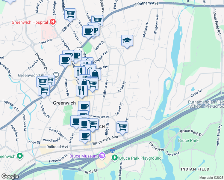 map of restaurants, bars, coffee shops, grocery stores, and more near 91 East Elm Street in Greenwich