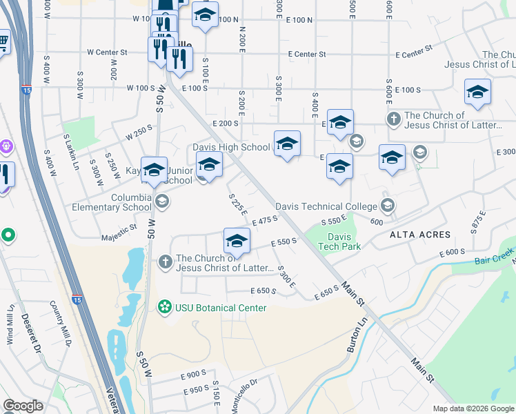 map of restaurants, bars, coffee shops, grocery stores, and more near 256 East 425 South in Kaysville