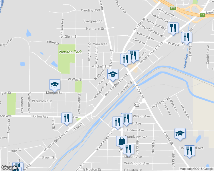 map of restaurants, bars, coffee shops, grocery stores, and more near 40 West Summit Street in Barberton