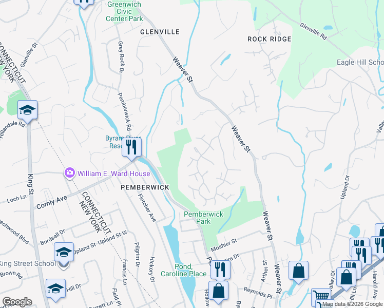 map of restaurants, bars, coffee shops, grocery stores, and more near 125 West Lyon Farm Drive in Greenwich
