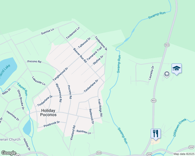 map of restaurants, bars, coffee shops, grocery stores, and more near Timberlane Drive in Albrightsville