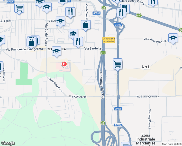 map of restaurants, bars, coffee shops, grocery stores, and more near 7 Via Giacomo Colombo in Marcianise