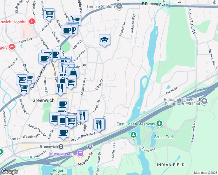 map of restaurants, bars, coffee shops, grocery stores, and more near 65 Le Grande Avenue in Greenwich
