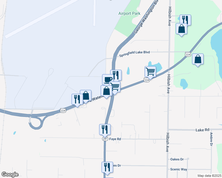 map of restaurants, bars, coffee shops, grocery stores, and more near 1265 George Washington Boulevard in Akron