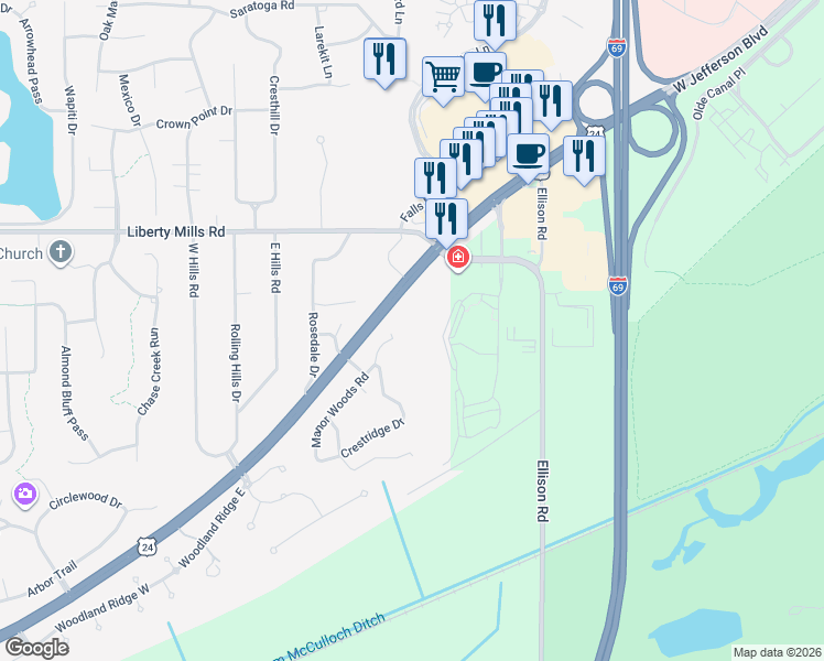 map of restaurants, bars, coffee shops, grocery stores, and more near 9323 Manor Woods Road in Fort Wayne