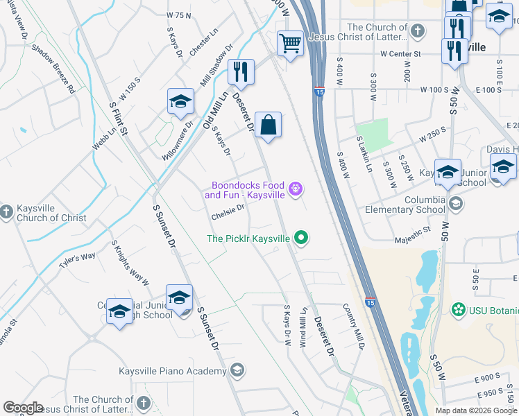 map of restaurants, bars, coffee shops, grocery stores, and more near 749 Chelsie Drive in Kaysville