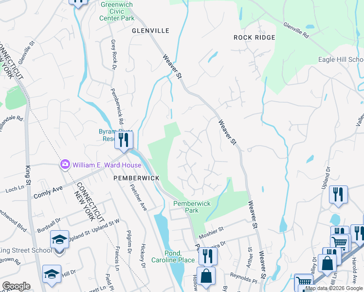 map of restaurants, bars, coffee shops, grocery stores, and more near 125 West Lyon Farm Drive in Greenwich