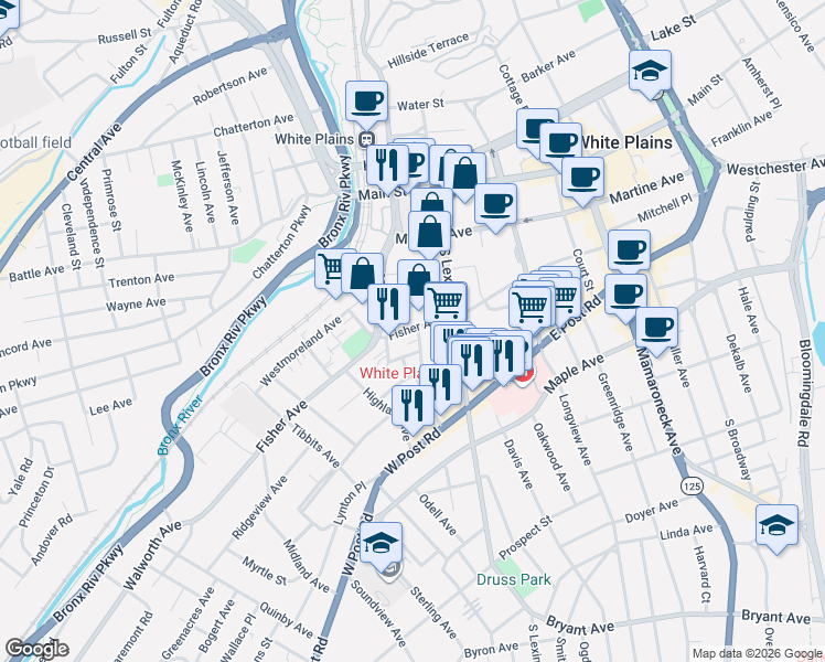 map of restaurants, bars, coffee shops, grocery stores, and more near 100 Fisher Avenue in White Plains