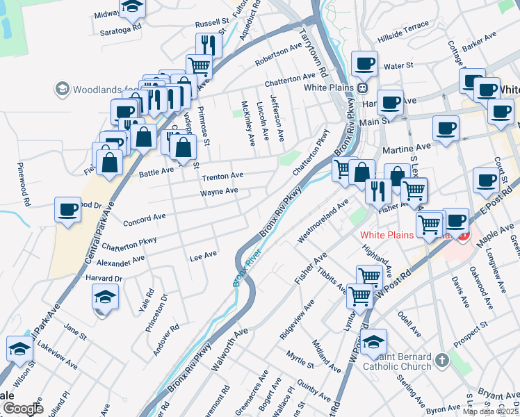 map of restaurants, bars, coffee shops, grocery stores, and more near 11-13 Concord Avenue in White Plains
