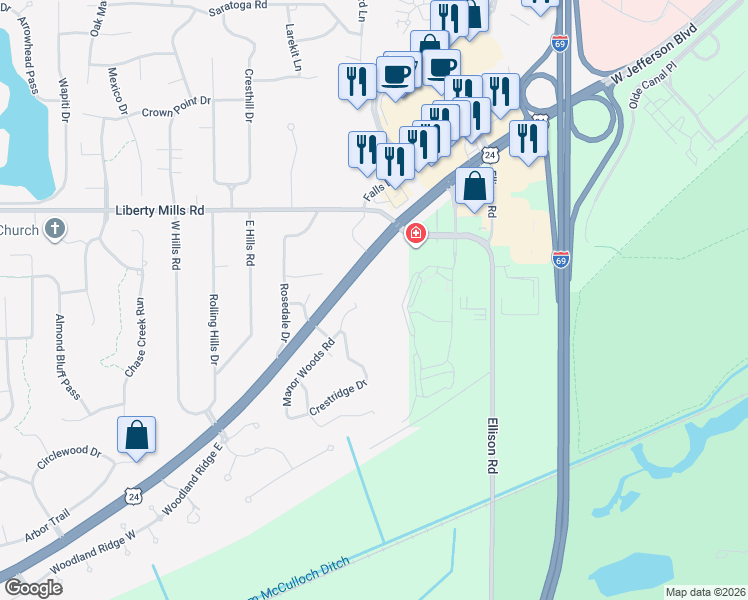 map of restaurants, bars, coffee shops, grocery stores, and more near 9323 Manor Woods Road in Fort Wayne