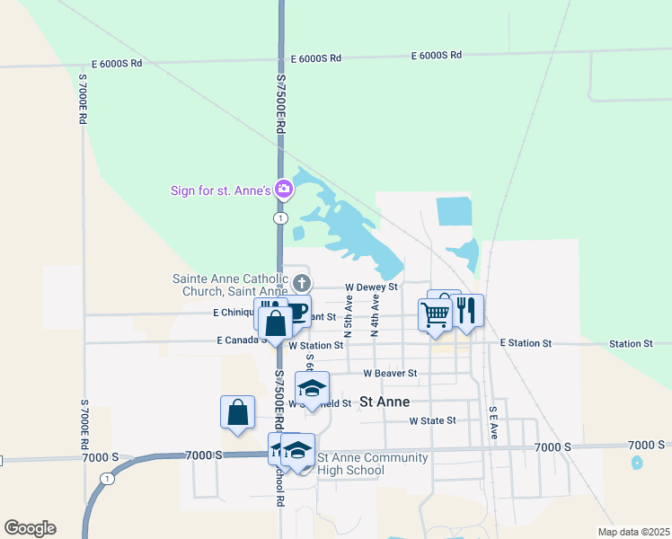 map of restaurants, bars, coffee shops, grocery stores, and more near 495 West Dewey Street in Saint Anne