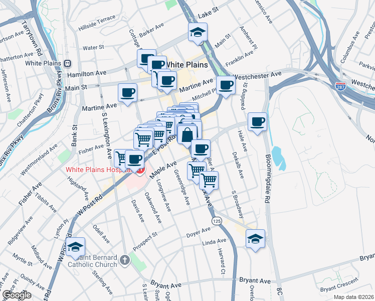 map of restaurants, bars, coffee shops, grocery stores, and more near 169 Mamaroneck Avenue in White Plains
