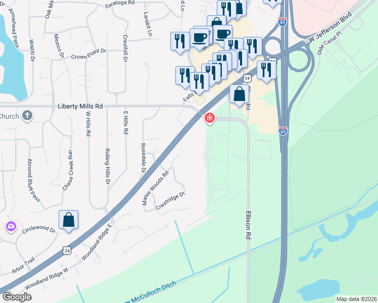 map of restaurants, bars, coffee shops, grocery stores, and more near 9323 Manor Woods Road in Fort Wayne