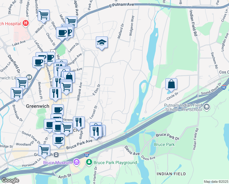 map of restaurants, bars, coffee shops, grocery stores, and more near 60 Quarry Knoll in Greenwich