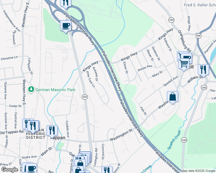 map of restaurants, bars, coffee shops, grocery stores, and more near 7 Sgt Bollinger Court in Tappan