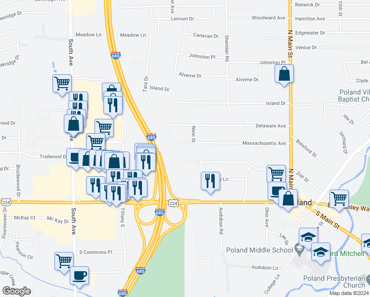 map of restaurants, bars, coffee shops, grocery stores, and more near 1841 Massachusetts Avenue in Youngstown