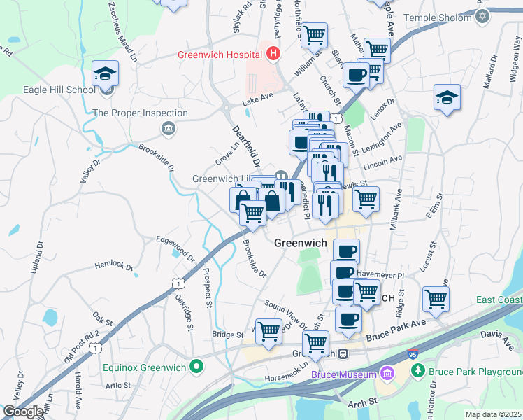 map of restaurants, bars, coffee shops, grocery stores, and more near 137 West Putnam Avenue in Greenwich