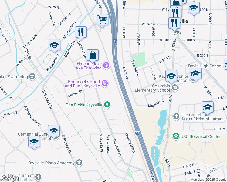 map of restaurants, bars, coffee shops, grocery stores, and more near 525 Deseret Drive in Kaysville