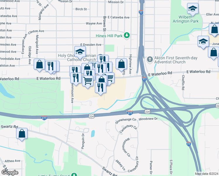 map of restaurants, bars, coffee shops, grocery stores, and more near 484 East Waterloo Road in Akron