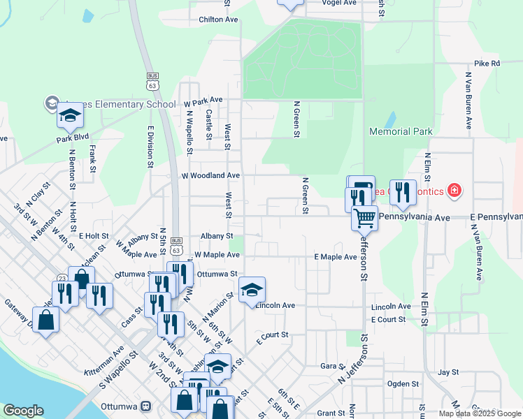 map of restaurants, bars, coffee shops, grocery stores, and more near Wayne Street in Ottumwa