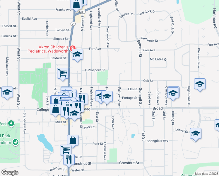 map of restaurants, bars, coffee shops, grocery stores, and more near 185 Humbolt Avenue in Wadsworth