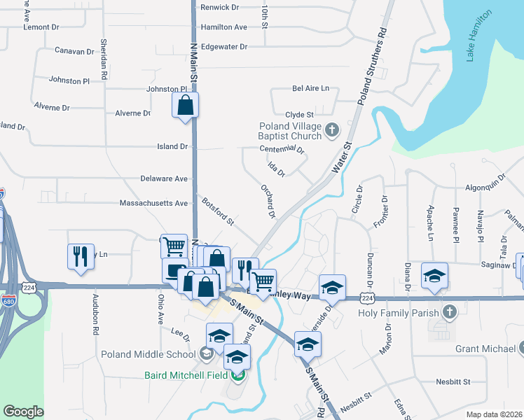 map of restaurants, bars, coffee shops, grocery stores, and more near 26 Orchard Drive in Poland