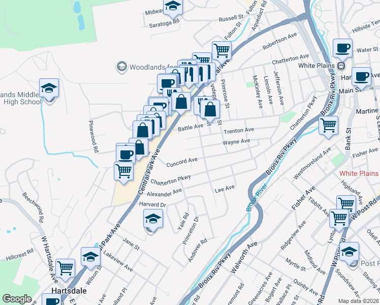 map of restaurants, bars, coffee shops, grocery stores, and more near 141 Wayne Avenue in White Plains