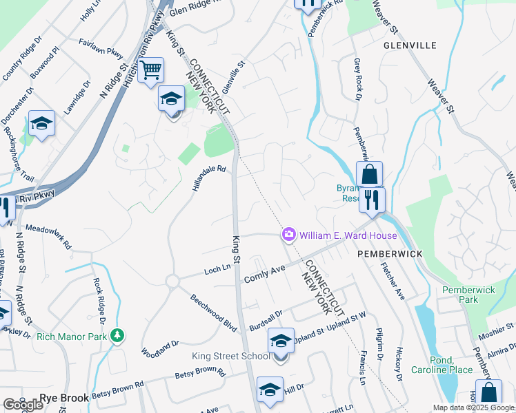 map of restaurants, bars, coffee shops, grocery stores, and more near 787 King Street in Rye Brook