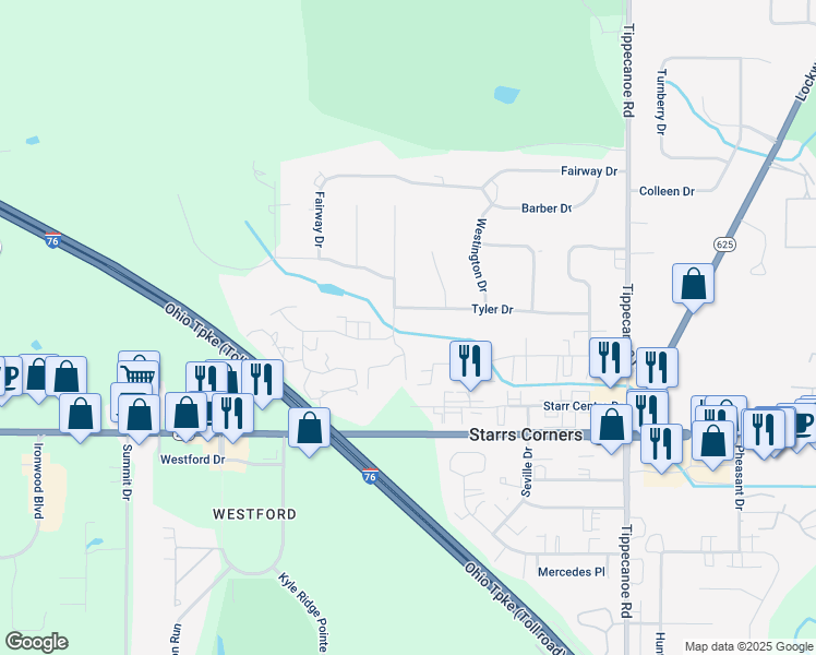 map of restaurants, bars, coffee shops, grocery stores, and more near 3955 Tyler Drive in Canfield