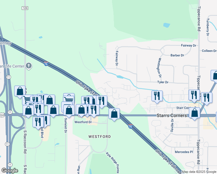 map of restaurants, bars, coffee shops, grocery stores, and more near 6496 Saint Andrews Drive in Canfield