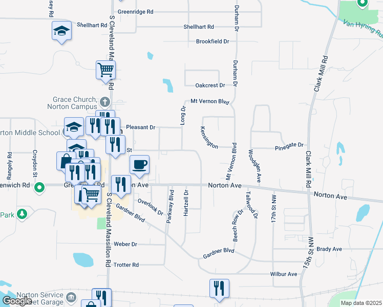 map of restaurants, bars, coffee shops, grocery stores, and more near 2927 Oak Street in Norton