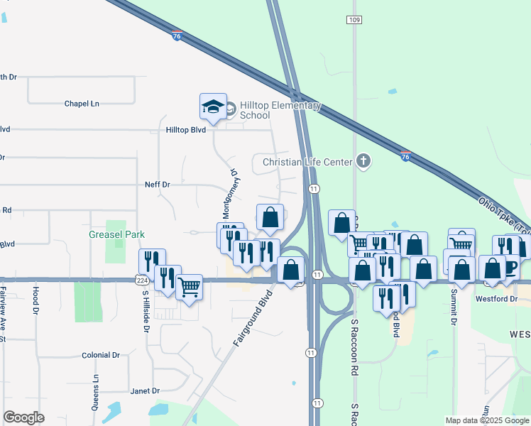map of restaurants, bars, coffee shops, grocery stores, and more near 100 Talsman Drive in Canfield