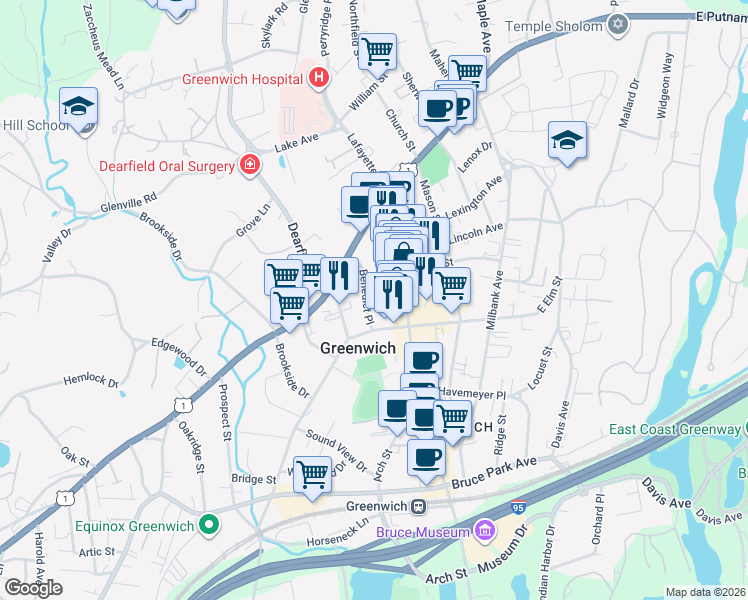 map of restaurants, bars, coffee shops, grocery stores, and more near 19 Benedict Place in Greenwich