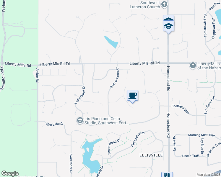 map of restaurants, bars, coffee shops, grocery stores, and more near 6125 Beaver Creek Court in Fort Wayne