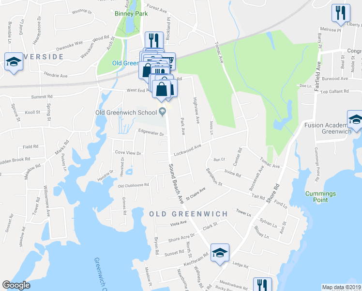 map of restaurants, bars, coffee shops, grocery stores, and more near 51 Park Avenue in Greenwich